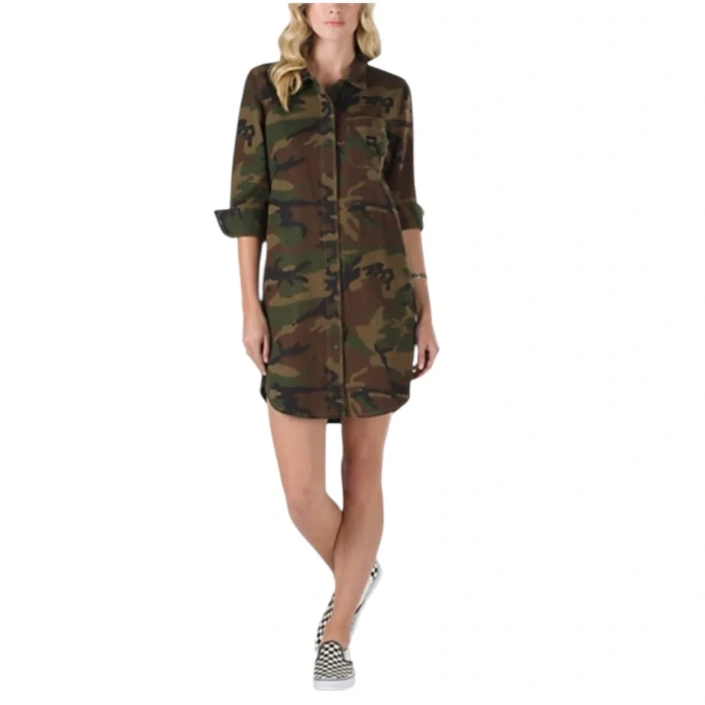 Vans Camouflage Shirtdress Trench Coat Womenβs Medium Punk Skater Grunge Utility - Picture 1 of 11